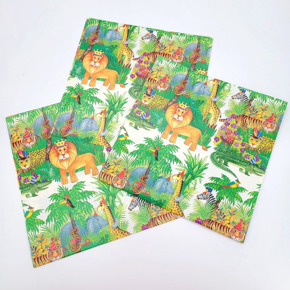 3 sheets VTG 90s Jungle Animals Birthday Party Kids Wrapping Paper Gift Wrap